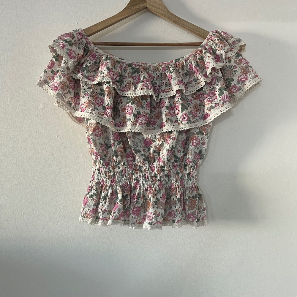 Guess Floral Eyelet Ruffle Scoop Neck Smocked Peplum Top XL Blouse Prairie Boho - Picture 2 of 15